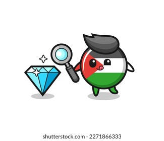 palestine flag badge mascot is checking the authenticity of a diamond , cute style design for t shirt, sticker, logo element