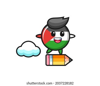 palestine flag badge mascot illustration riding on a giant pencil , cute style design for t shirt, sticker, logo element