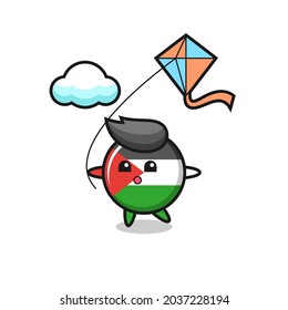 palestine flag badge mascot illustration is playing kite , cute style design for t shirt, sticker, logo element