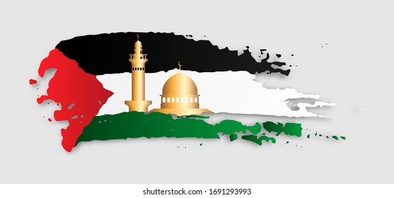 Efecto de pincel de bandera palestina con ilustración de vectores de silueta de mezquita