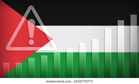 Palestine flag with burlap texture, warning sign, and rising bar chart symbolizing increasing risk or growth challenges in the country. Ideal for data presentations.