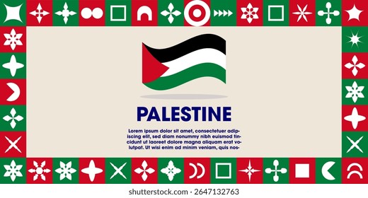 Palestine Flag Design banner with cultural design. Independence day design for Palestine celebration. Modern neo geometric retro design with flag, showcasing national pride and heritage.