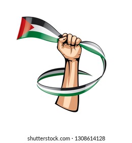 Palestine flag and hand on white background. Vector illustration
