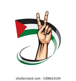Palestine flag and hand on white background. Vector illustration