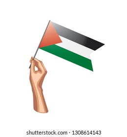 Palestine flag and hand on white background. Vector illustration