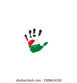 Palestine flag and hand on white background. Vector illustration