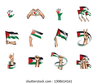Palestine flag and hand on white background. Vector illustration