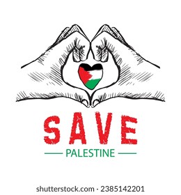 Palestine flag in heart shape with hands. Save Palestine. Vector illustration.