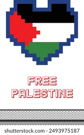 Palestine Flag in Heart Shape Pixelated, Free Palestine, Vector for Printing and Social Media