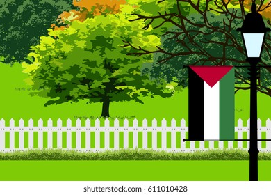 Palestine Flag, Landscape of Park, Trees, Fence wooden and Street light Illustration 