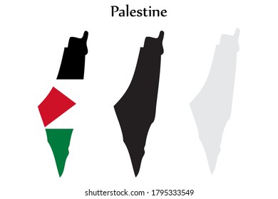 Bandera de Palestina y mapa de color negro y gris. EPS.file.