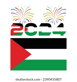 Palestine flag and new year 2024 with fireworks icon design vector illustration on transparent background