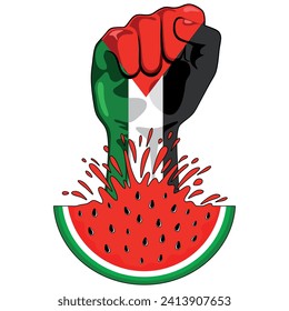 Palestine Flag on Revolution Fist Symbol of freedom coming out from a Watermelon Vector Illustration graphic art isolated on white