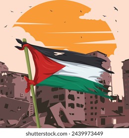 Palestine Flag poster design with building ruins in the background
