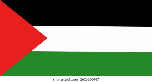 Palestine flag, rectangular full frame. featuring three horizontal stripes (black, white, green) and a red triangle on the hoist side.