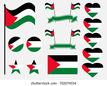 Palestine flag set. Collection of symbols, flag in heart. Vector illustration