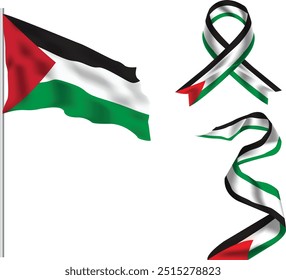 palestine flag set with different ribbons set isolated on white background.