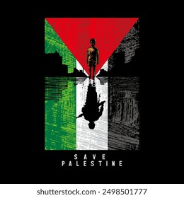 palestine flag with silhouette of a child and a soldier, t-shirt design