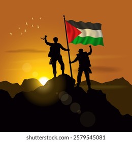 Palestine flag, silhouette of two climbers holding flags at sunset