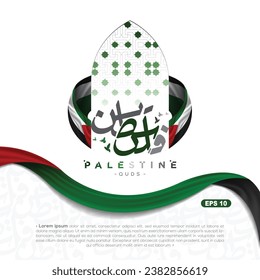 Palestine Flag State Arabic Calligraphy Vector Design With Beautiful Pattern for Greeting Card, Background, Banner, Poster, Wallpaper, Cover, Flyer, Social Media etc. The mean is : FREE PALESTINE