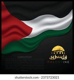 Palestine Flag State Background Vector Design with Beautiful arabic calligraphy for Greeting Card, Banner, Wallpaper, Cover, Illustration, Social Media etc. The mean is : FREE PALESTINE