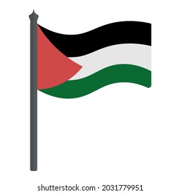 Palestine flag. Three stripes and a triangle on the fabric. Colored vector illustration. The national symbol of the state develops in the wind. Isolated white background. Political topics. Flat style.