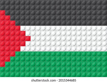 Patrón vectorial de bandera palestina de ladrillo negro, verde, rojo y blanco de bloques pequeños , juguete de ladrillos de construcción para el diseño de papel pintado.
