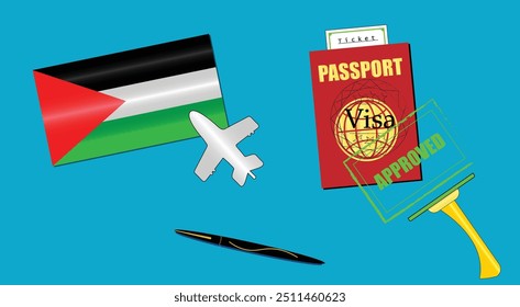 Palestine flag with white plane icon. Passport with visa approved stamp. Black stylish Pen. Palestinian Travel poster. Editable vector EPS available