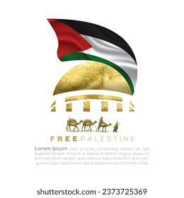 Palestine Flags Background Vector Design with Arabic Calligraphy and Dome Of The Rock for Greeting Card, Banner, Wallpaper, Cover, Flyer, Social Media, Illustration. The mean is : FREE PALESTINE