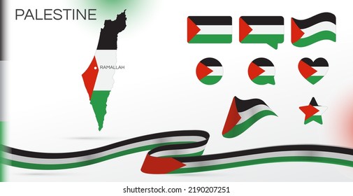 Palestine flags set. Various designs. Map and capital city. World flags. Vector set. Circle icon. Template for independence day. Collection of national symbols. Ribbon with colors of the flag. 