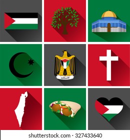 Palestine Flat Icon Set. Vector graphic flat icon images representing symbols and landmarks of Palestine.