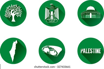 Conjunto de iconos planos palestinos. Icono gráfico vectorial imágenes planas que representan símbolos y monumentos de Palestina.