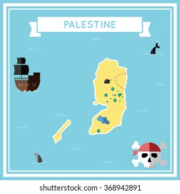 Palestine flat treasure map. Colorful cartoon treasure map of Palestine with flat icons of pirate ship, jolly roger, treasure chest and banner ribbon. Flat design vector illustration.