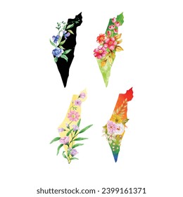 Palestine Floral Map ,Colorful floral Palestine map vector illustration