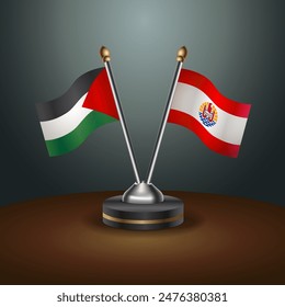 Palestine and French Polynesia flag together. Small table flag with color gradient background