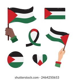 Palestine and Gaza flag set with hand drawn illustrations. Hand holding flag, flag in the shape of ribbon, heart, circle. Free Palestine and Save Gaza concept collection for poster, banner, flyer