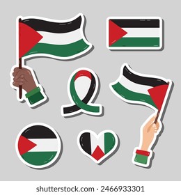 Palestine and Gaza flag sticker set with hand drawn illustrations. Ready for print list of cute stickers of hand holding flag, flag in the shape of ribbon, heart, circle. Free Palestine and Save Gaza.