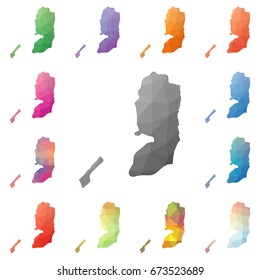 Palestine geometric polygonal, mosaic style maps collection. Bright abstract tessellation, low poly style, modern design. Palestine polygonal maps for your infographics or presentation.