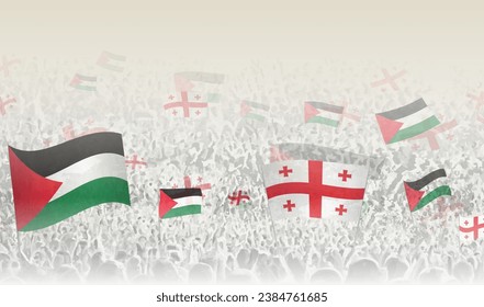 Palestine and Georgia flags in a crowd of cheering people. Crowd of people with flags. Vector illustration.