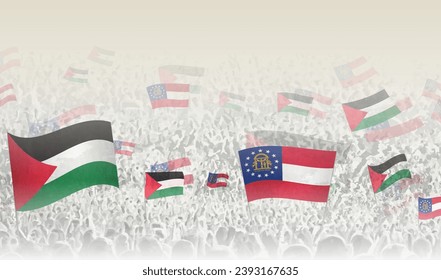 Palestine and Georgia flags in a crowd of cheering people. Crowd of people with flags. Vector illustration.