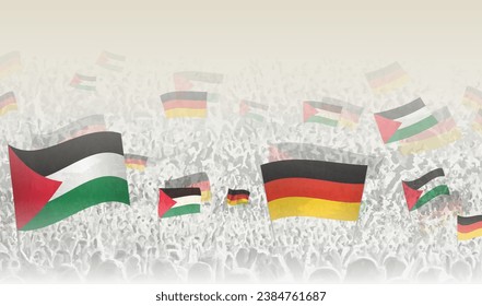 Palästina und Deutschland fliegen in einer Menge jubelnder Menschen. Menschenmenge mit Flaggen. Vektorgrafik.