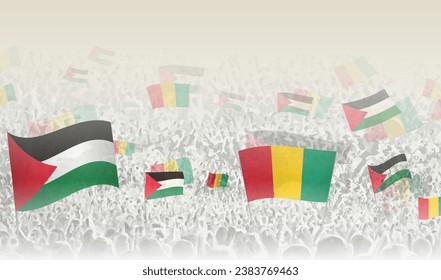 Palestine and Guinea flags in a crowd of cheering people. Crowd of people with flags. Vector illustration.