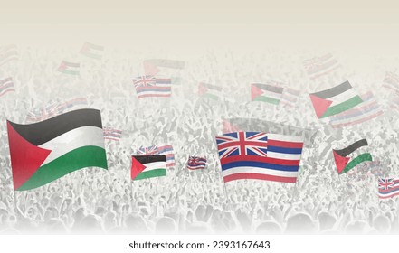 Palästina und Hawaii fliegen in einer Menge jubelnder Menschen. Menschenmenge mit Flaggen. Vektorgrafik.