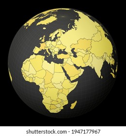 Palestine highlighted on a dark globe with a yellow world map. Satellite world projection centered on Palestine. Trendy vector illustration.