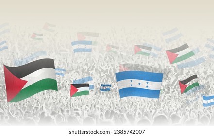 Palestine and Honduras flags in a crowd of cheering people. Crowd of people with flags. Vector illustration.
