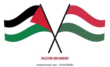Palestine and Hungary Flags Crossed And Waving Flat Style. Official Proportion. Correct Colors.