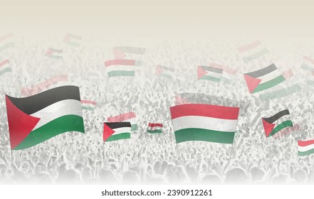 Banderas de Palestina y Hungría en una multitud de gente que vitorea. Multitud de personas con banderas. Ilustración vectorial.