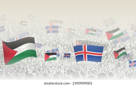 Banderas de Palestina e Islandia en una multitud de gente que vitorea. Multitud de personas con banderas. Ilustración vectorial.