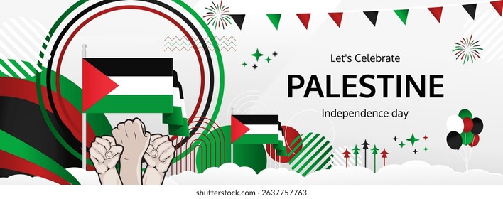 Palestine Independence Day modern greeting banner. 15 November Happy National Day. Festive horizontal background with flag colors, great for carnival poster, tourism campaign, celebrations holidays