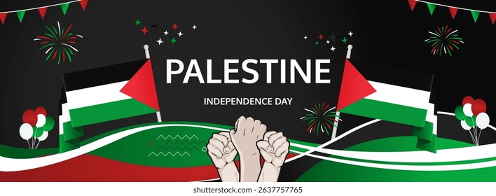 Palestine Independence Day modern greeting banner. 15 November Happy National Day. Festive horizontal background with flag colors, great for carnival poster, tourism campaign, celebrations holidays